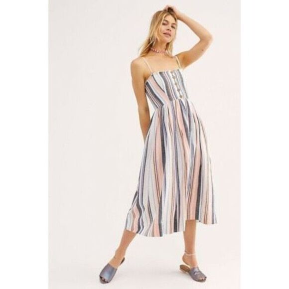 Free People Dresses & Skirts - Free People Striped Midi Dress - Blue, Pink, White